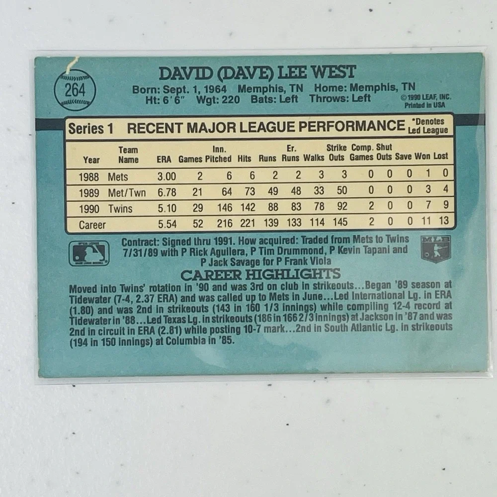 1991 Donruss Baseball Card Minnesota Twins David West 264 Trading Card